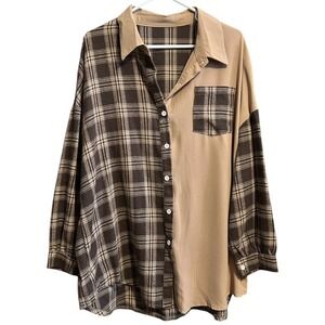 Shein Womens Lune Button Up Shirt Plaid Colorblock Oversized Pocket Top Brown XL